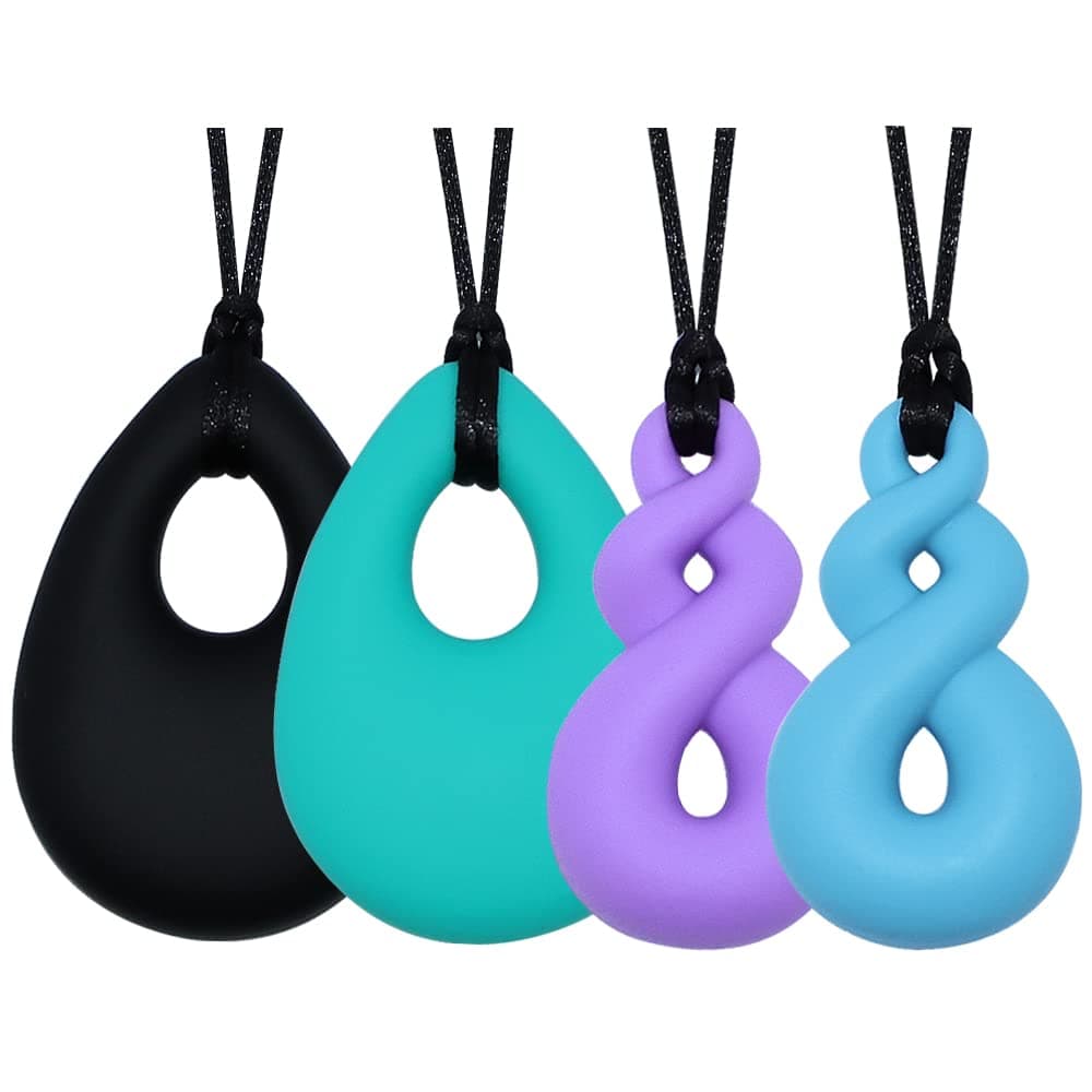 Chew Necklace for Boys and Girls Silicone Chew Toys for Kids Teardrop Twist Pendants Chewy Necklace Sensory for Autism or Oral Motor Special Needs BPA Free 4 PCS Set