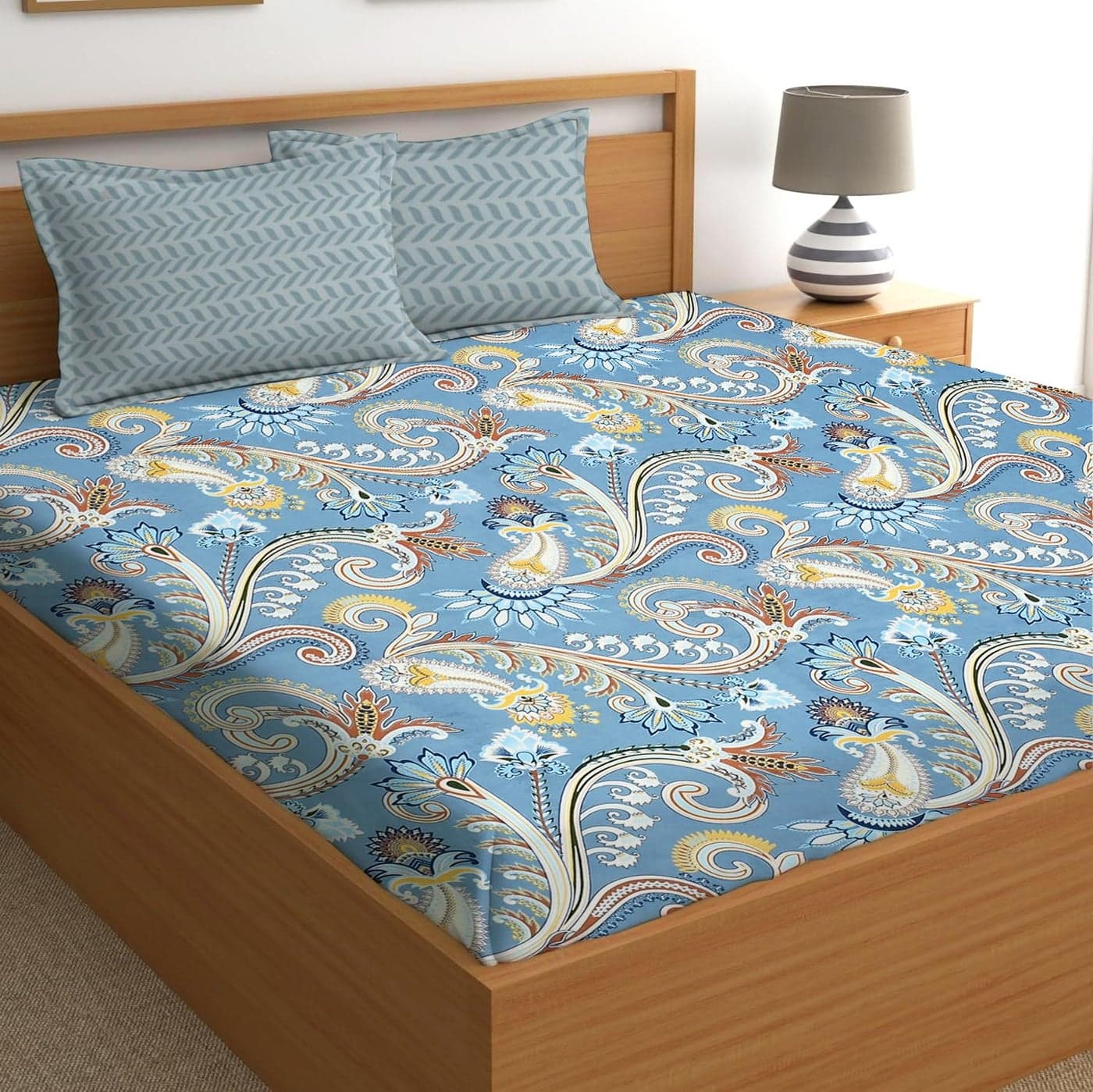 IVAZA Fitted Bedsheet Elastic Fitted Bedsheets King Size Bedsheet for Double Bed144 TC Glace Cotton Premium Floral Fitted Bedsheet with 2 Pillow Cover78x72 Inches Grey
