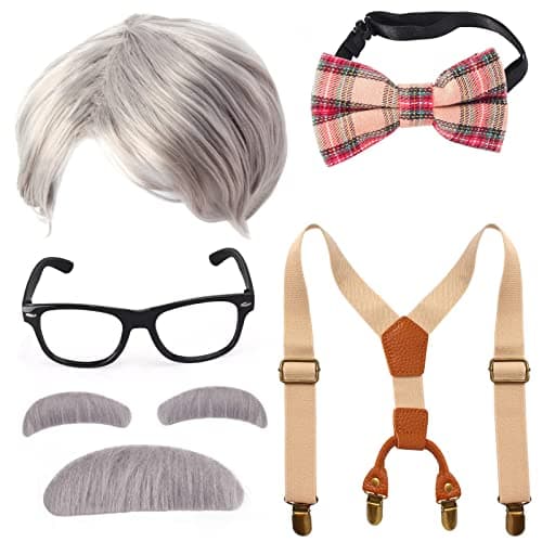 Yewong Kids Old Man Costume Set Grandpa Wig with Suspenders Kit for 100 Days of School Halloween