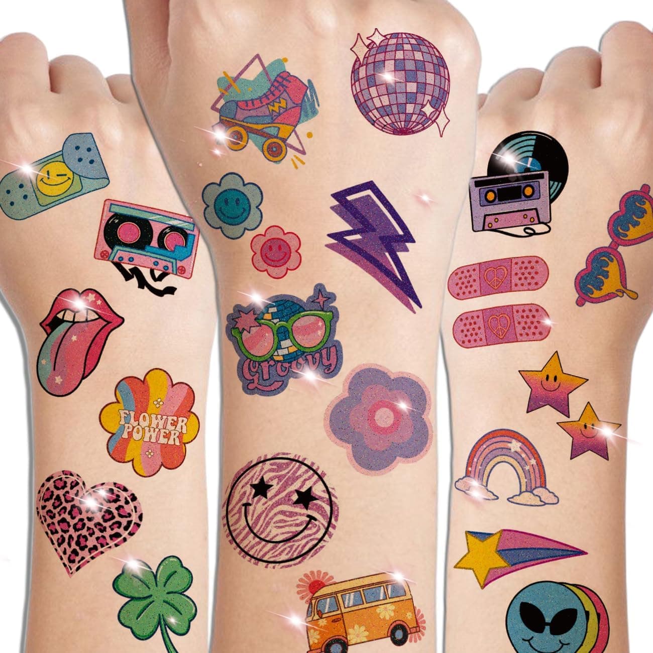 Glitter Groovy 70s Temporary Tattoos for Kids 74 Individually Sheets Glitter Retro Flower Power Smiley Decorations Tattoos Stickers for Boys Girls Party Supplies
