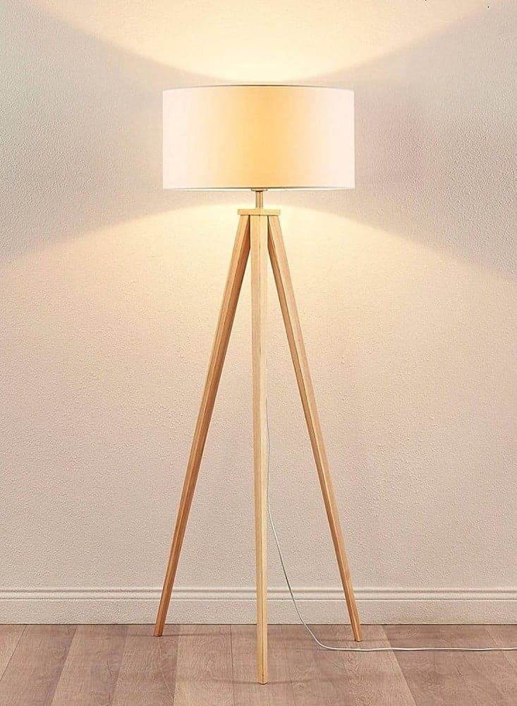 Floor Lamp with Tripod, Mid Century Modern Floor Lamp for Contemporary Living Room, High Survey Lamp with Wooden Legs, with LED Bulbs