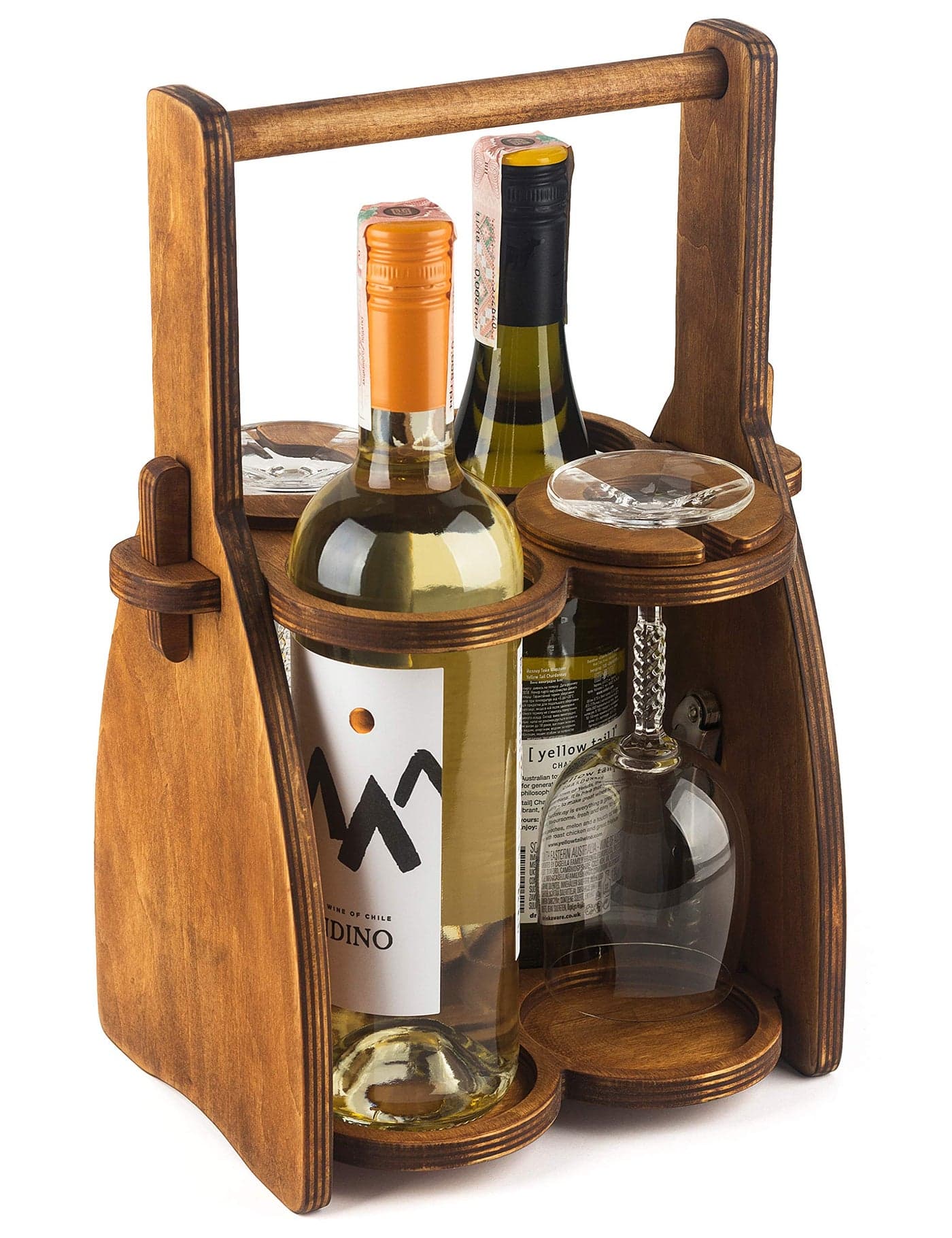 ROSTMARYGIFT Wood Wine Bottle and Glasses Caddy Beer Carrier Drinking Desk Accessories Mens Organizer Glass Tray Holder Storage Stand Drink Holder for Beer