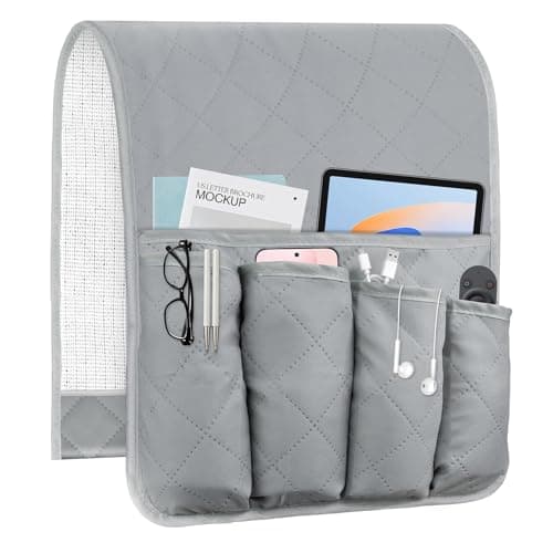AUVCAS Sofa Armrest Organizer Non-Slip Arm Chair Bedside Storage Caddy Organizer Armchair Caddy for Recliner Couch Remote Holder with 5 Pockets for Cell Phone TV Remote Control Magazines(Grey)