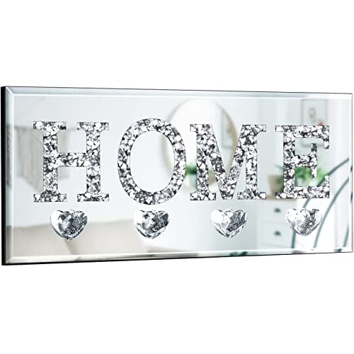 Yalikop Keys Holder on Wall Crush Diamond Mirrored Home Letter Plaque Sign Wall Mounted Clear Heart Shape Hooks Key Hanger Christmas Gift Door Bookshelf Decorative