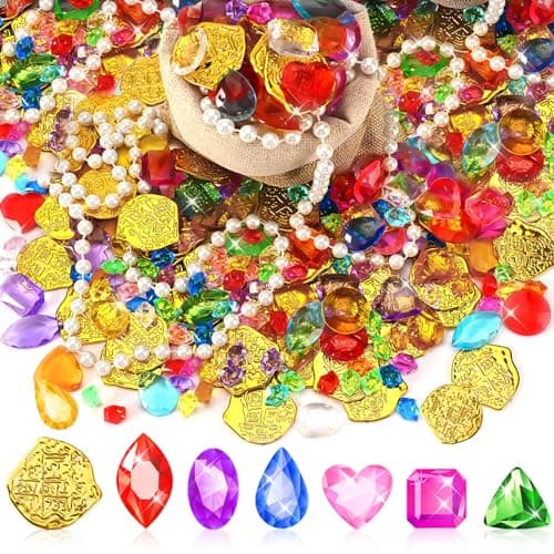 MARFOREVER Pool Toys Pirate Treasure Gems and Gold Coins 246 Pcs Fake Coins Plastic Gems Jewels Playset for Summer Sand Beach Bath Toys Halloween Pirate Adventure Party Favors Decorations