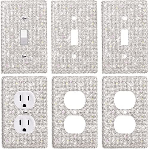 6 Pieces Wall Plate Light Switch Cover Plate Rhinestone Bling Light Switch Shiny Outlet Cover for Home Ornaments (Single Gang Socket, Duplex Outlet)