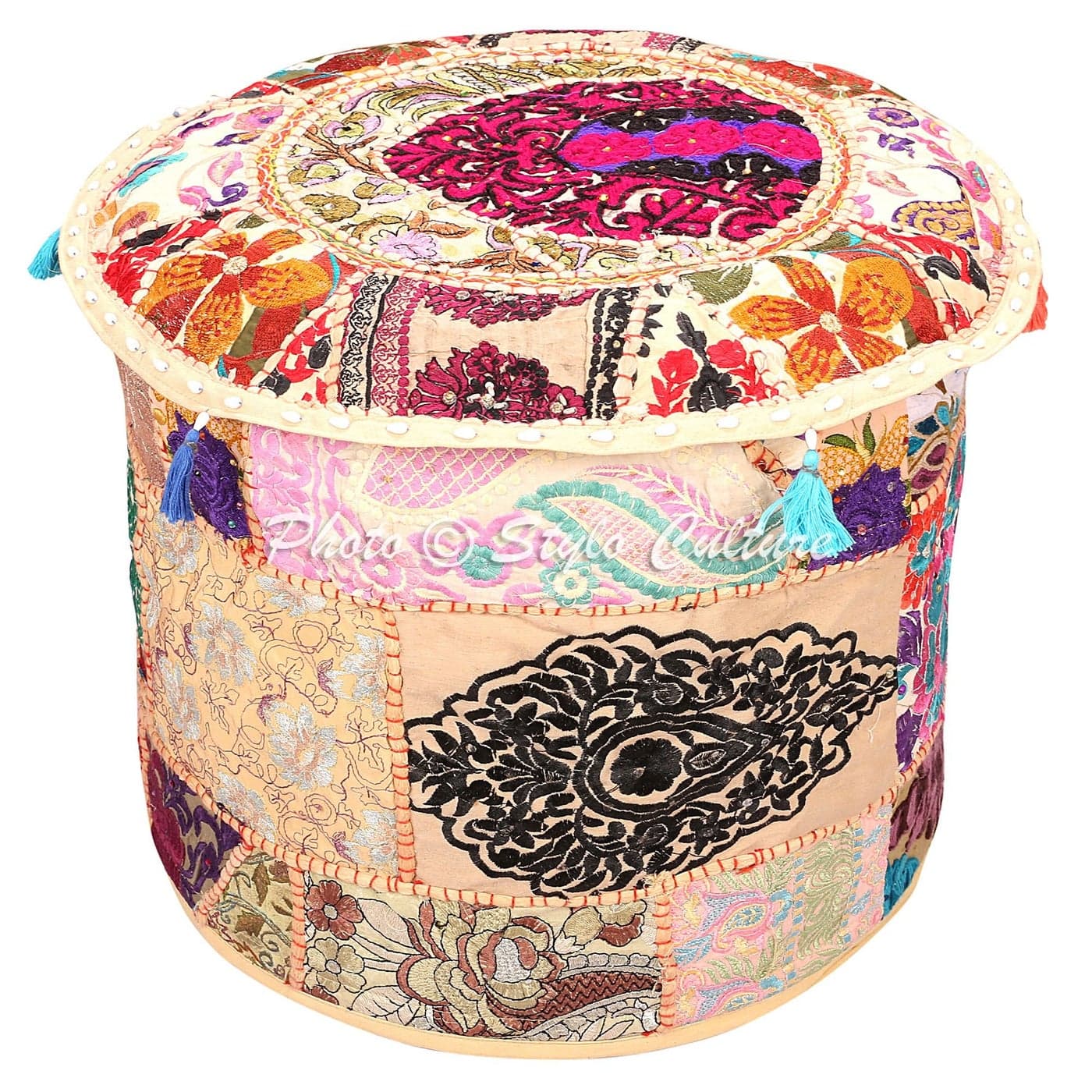 Stylo Culture Decorative Living Room Pouf Cover Round Patchwork Embroidered Pouffe Ottoman Beige Cotton Floral Traditional Furniture Footstool Seat Puff 18x18x13 Bean Bag Home Decor