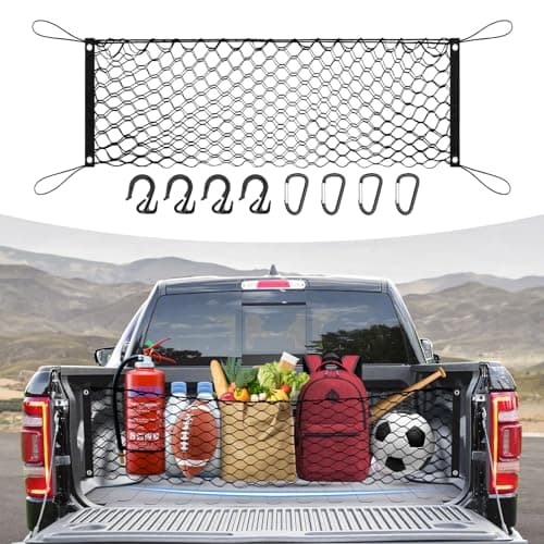 Canvcle Truck Bed Cargo Net for 2019-2025 Dodge Ram 1500 Accessories Envelope Style Mesh Trunk Net Organizer and Storage Stretchable Adjustable Elastic Nylon Rear Cargo Netting with Hooks