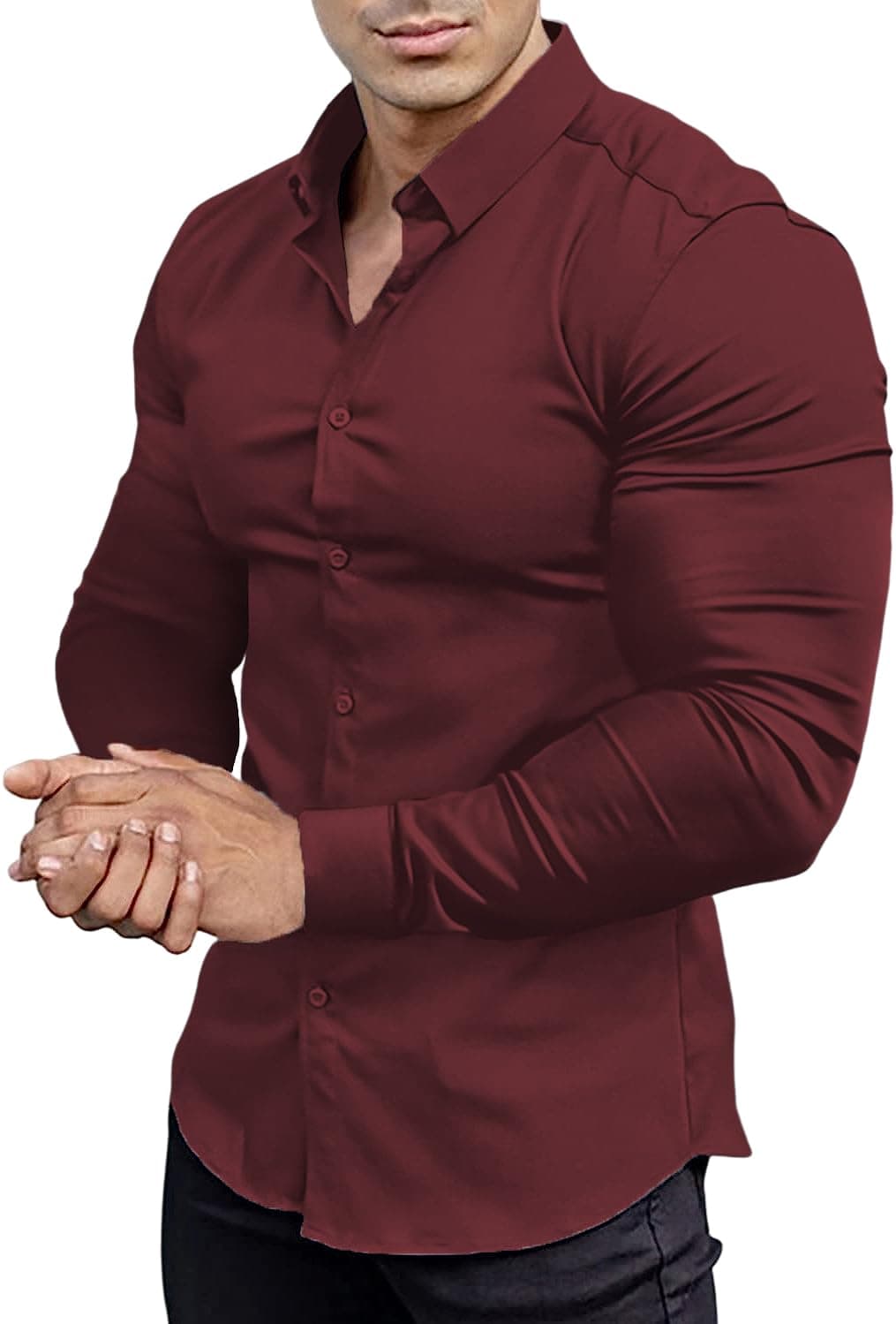 EOUOSS Men’s Muscle Fit Dress Shirts Athletic Slim Fit Long Sleeve Stretch Wrinkle-Free Casual Button Down Shirt Jam Red X-Small