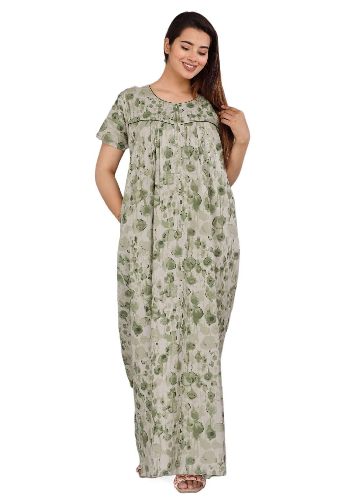 Urali Women's Printed 100% Cotton Maxi Night Gown (Green, Xl)-T409