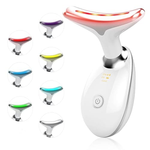 Facial Beauty Device Face Massager Tool for Skin Care Based on Triple Action LED Thermal and Vibration Red and Blue LED Light 7 Color Led Face and Neck Massager for Home Use Glossy White