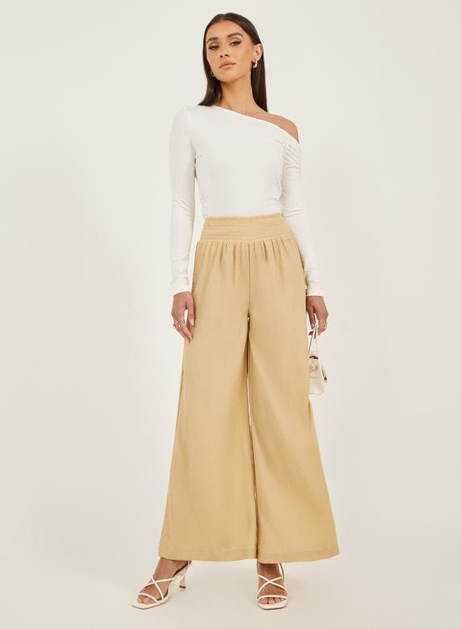 Styli Smocked Waist Mid Rise Wide Leg Pants