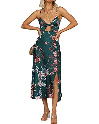 Fashionme Women Spaghetti Strap Midi Satin Dresses Tie Front Backless Split Summer Casual Floral Dress Hollow Flowy Slip Dress Sundresses Wedding Guest Beach Cocktail Graduation Dark Green
