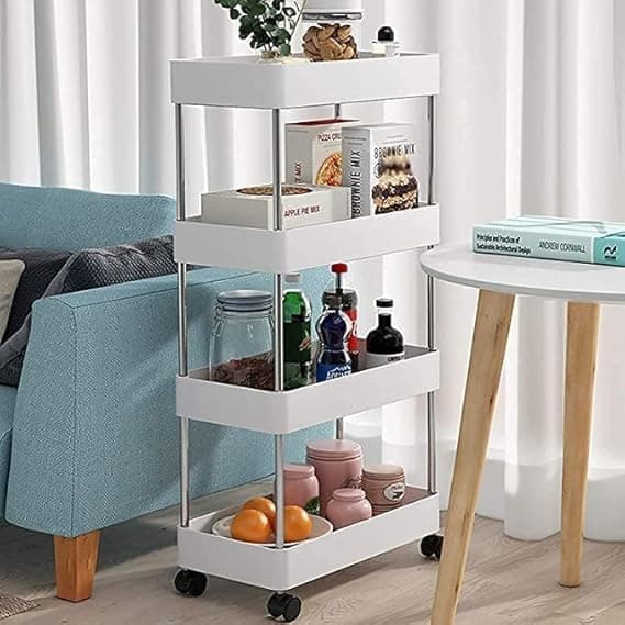 Leaffybezz Made for Amazon Plastic Space Saving Storage Organizer Rack Shelf with Wheels for Kitchen, Office, Bathroom and Bedroom (4 Layer, White)