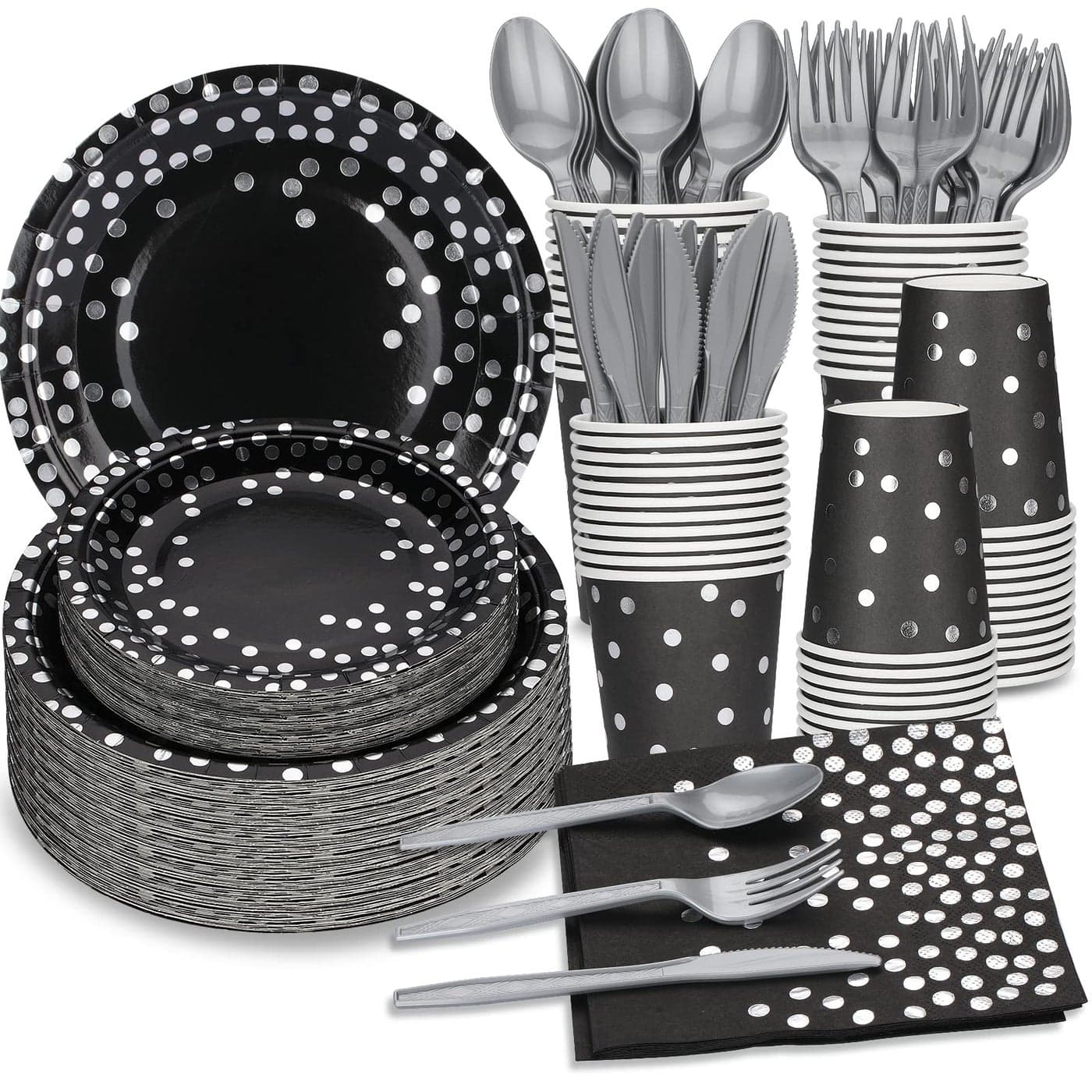 LTplazhi 140PCS Black and Silver Party Supplies Dinner Plate Dessert Plate Napkin Cup Forks Knives Spoons Biodegradable