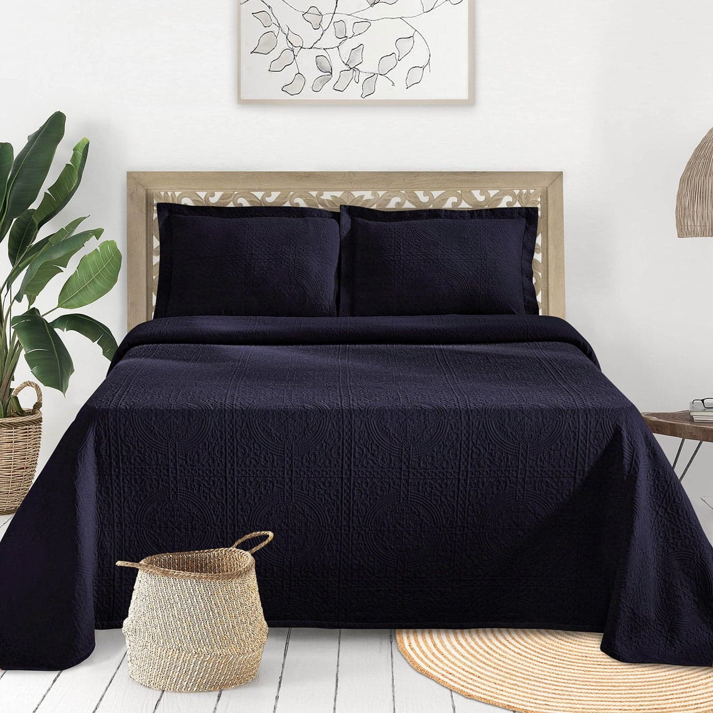 Superior Cotton Fleur De Lis Bedspread Set Warm Blankets AllSeason Bedding Bedroom Decor Decorative Boho Medallion Coverlet Includes 1 Bedspread 2 Pillow Shams Full Navy Blue