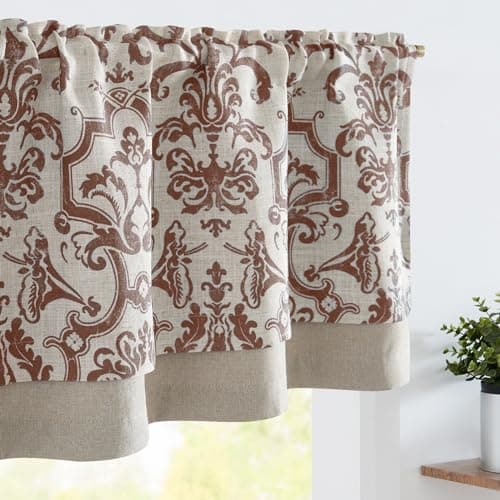 jinchan Linen Valance Curtain for Kitchen Vintage Damask Floral Blackout Valance Double Layer Small Window Curtain for Living Room Bedroom Bathroom 18 Inch Rod Pocket 1 Panel Terracotta on Beige