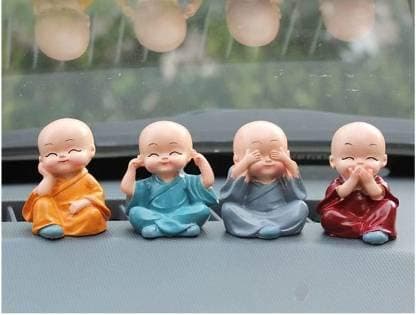 PICKARTME Small Set of 4 Baby Monk Buddha Showpiece Polyresin Car Dash, Living Room, Office Decoration Status (4 Baby Monk Without Hat, Multicolour)