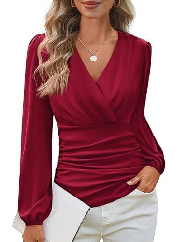 Dressy Tops for Women Fall Long Sleeve Wrap Top V Neck Shirt Going Out Elegant Blouse Wine Red M