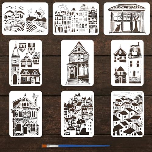 FINGERINSPIRE 9PCS Town and Village Architecture Stencils with 1Pc Brush 83x117inch21x297cm City Buildings Pattern Stencils City Country Scene Template for DIY Crafts Furniture Wall Decoration