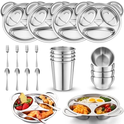 Jinei 20 Pieces Kids Stainless Steel Utensils Set Include 4 Panda Shaped Plates, 4 Bowls, 4 Cups, 4 Spoons, and 4 Forks, Stainless Steel Dinnerware Set for Toddler Utensils silverware