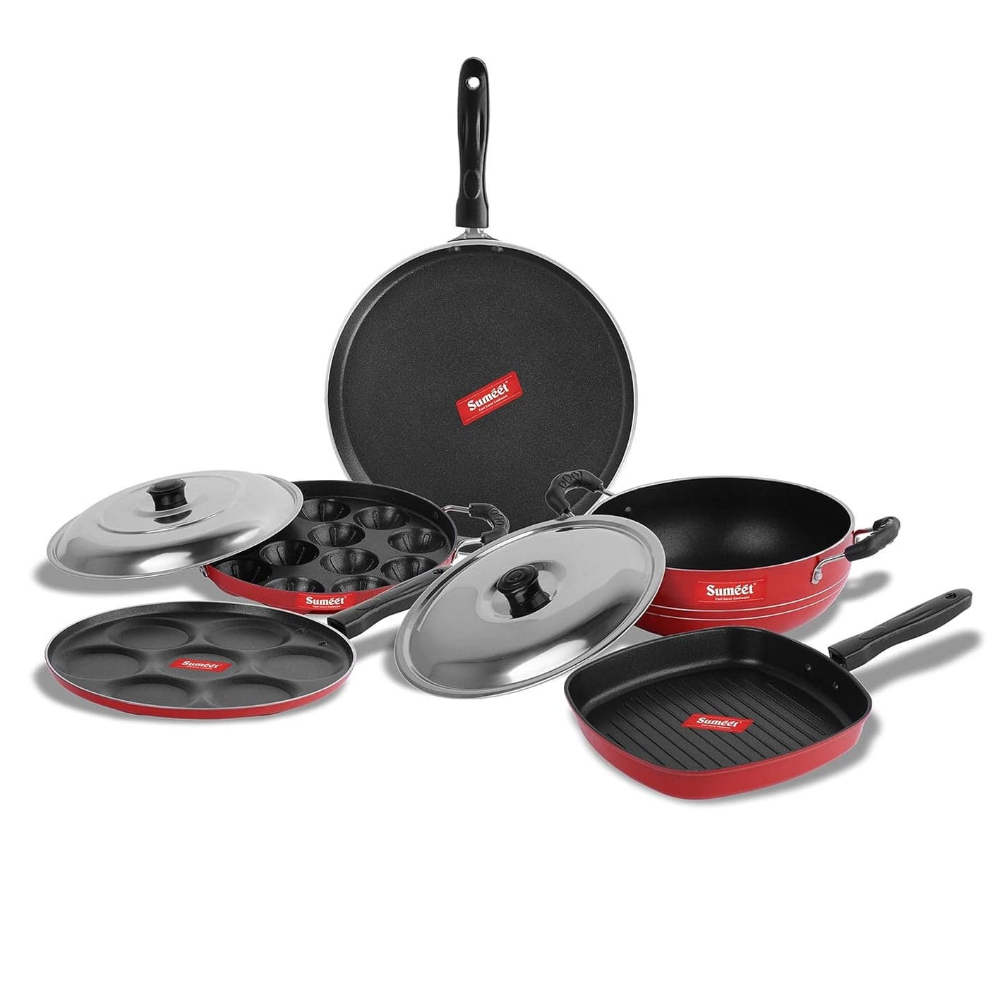 Sumeet Aluminium 2.6mm Thick Non-Stick Rubrum Cookware Set (Dosa Tawa 26.5cm Dia + Multi Snack Maker 26.5cm Dia + Kadhai with Lid 1.5Ltr + Grill Appam Patra with Lid 23cm Dia + Grill Pan 1.1Ltr, Red)