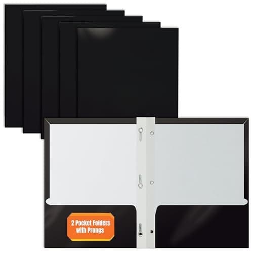 Better Office Products 25-Pack Glossy Black 8.5 x 11-Inch Paper Folders with 3 Metal Prongs, Letter Size