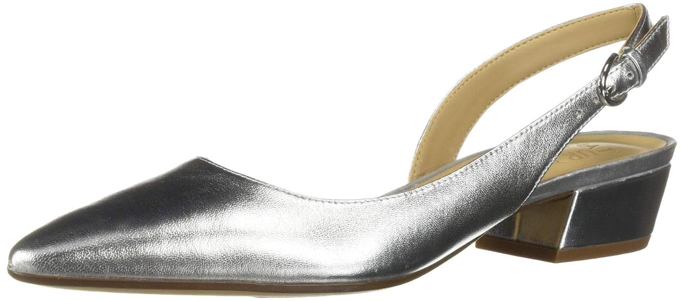 Naturalizer Womens Banks Slingback Low Heel Pointed Toe Pumps Silver Metallic Leather85 Wide