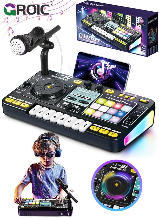 DJ Mixer Toys for Toddlers, Electronic Baby Musical DJ Toys with Lights, Songs, Sound Effects, Microphone,Musical DJ Turntable,Electronic Piano Instrument Playset with Karaoke Microphone,Musical Toy