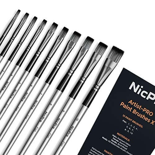 Nicpro 10 PCS Flat Paint Brush Set, Art Painting Brushes for Acrylic, Watercolor, Oil, Gouache, Craft, Detail, Face Body Painting, Base Coating, Artist Paintbrush Kit for Kid & Adult
