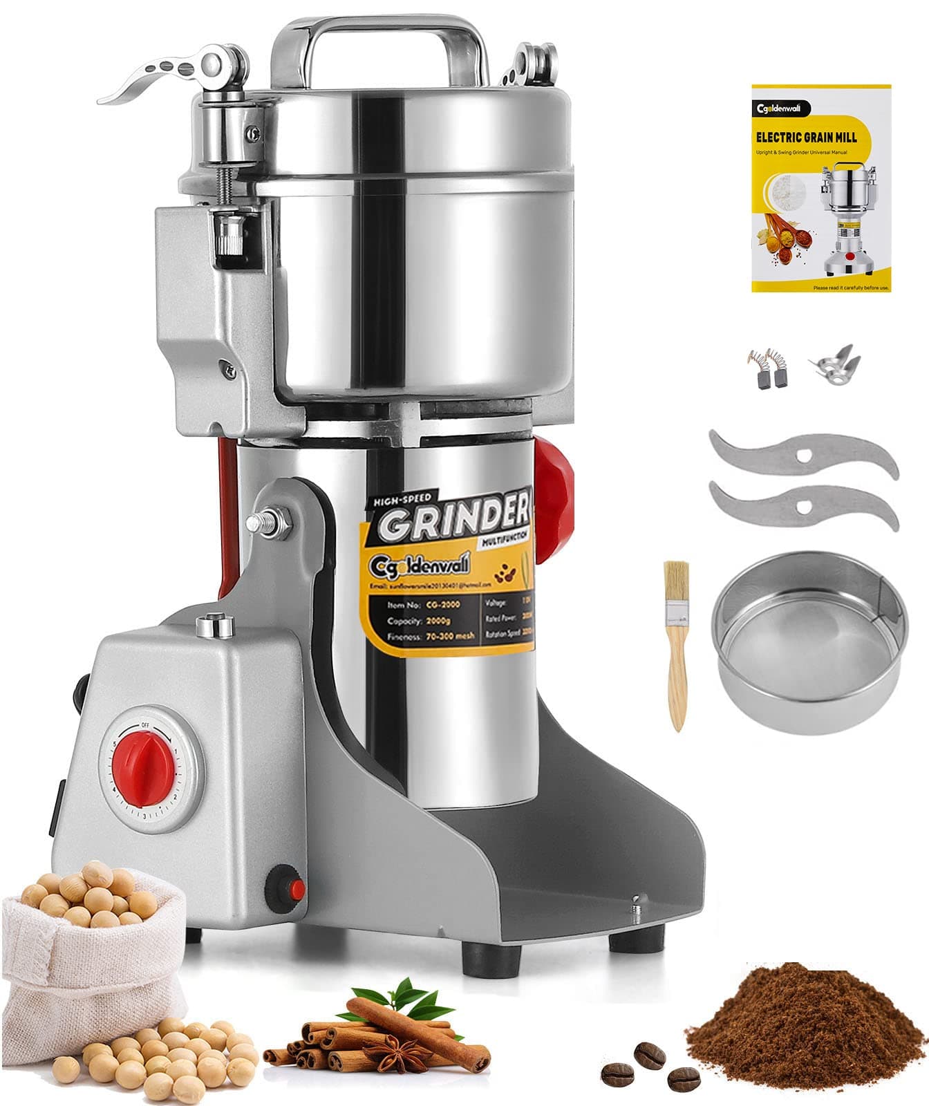 CGOLDENWALL 300g Electric Grain Grinder Mill Safety Upgraded 1500W Highspeed Spice Herb Grinder Commercial Superfine Grinding Machine Dry Cereals Pulverizer CE 110V 300g Swing Type
