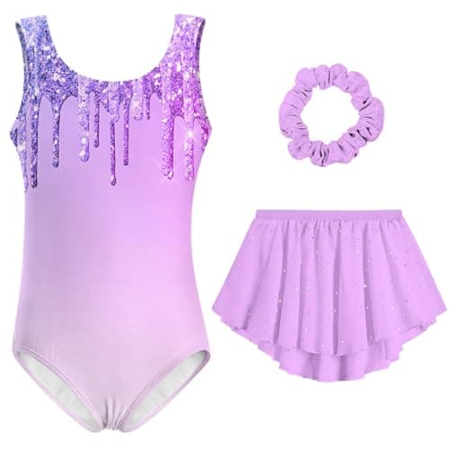 Idgreatim Gymnastic Leotards for Girls Size 67 Sparkly Ballet Dance Dress with Skirt and Hair Scrunchie Athletic Tumbling Outfit Class Activewear Combo