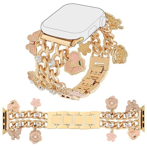 YONWORTH Cuban Chain Band Compatible with Apple Watch 42/44/45 46 49mm Women,Bling Diamond Chain Metal Wristband Cute Charms Pendants for iWatch Series 10 9 8 7 6 5 4 3 SE Ultra (A2-Gold Pink, 49MM)
