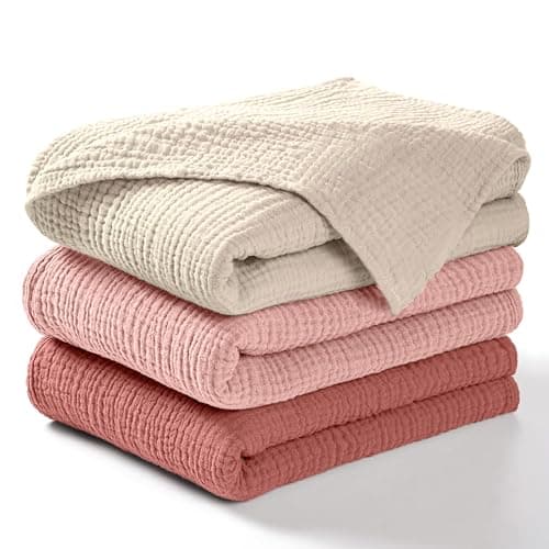 Dreamology Muslin Swaddle Blankets for Boys and Girls,3-Pack Soft & Breathable, Skin-Friendly, Soft Silky Wrap Cotton Baby Muslin Swaddle Blankets for Unisex Newborn (Rose/Pink/Ecru)