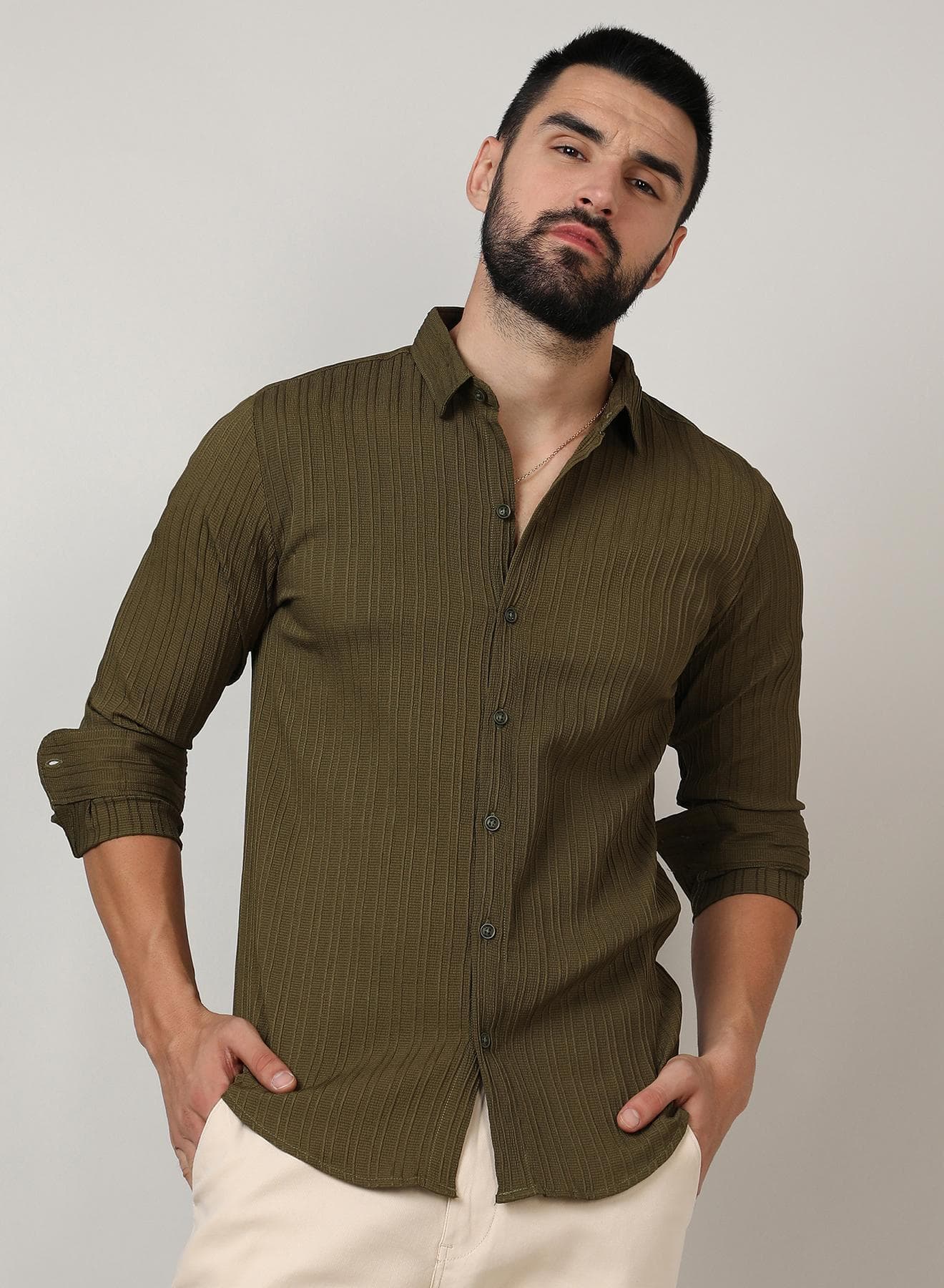 Men's Olive Green Self-Design Striped Shirt