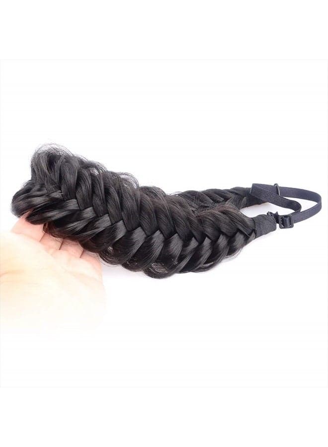 Messy Wide 2 Strands Synthetic Natural Black Braided Headband Classic Chunky Braid Hair Headbands Elastic Stretch Braid Headbands for Women Girl (Natural Black)