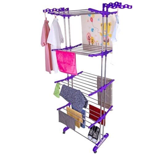 UNIZONE Foldable 4-Layer Clothes Drying Rack Stand | Heavy-Duty Steel Double Rack with Wheels | Lightweight & Portable Laundry Dryer for Balcony, Indoor & Outdoor Use