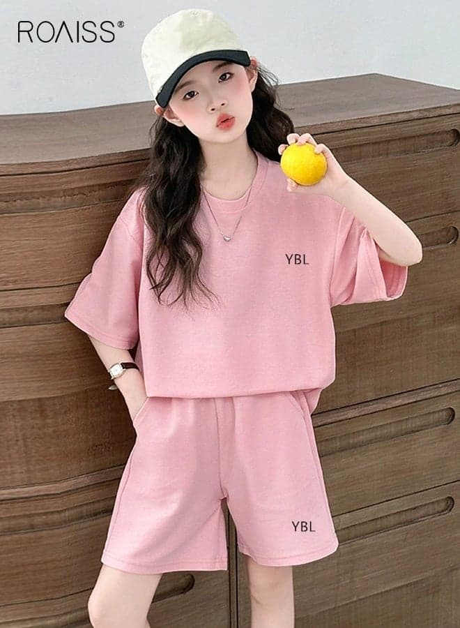 Girls 2PCS Outfit Set, Short Sleeve T-shirt and Elastic Waist Shorts Set, Loose Fit Activewear Set, Soft Breathable Summer Clothes for Girls, Perfect for Daily Wear and Lounging