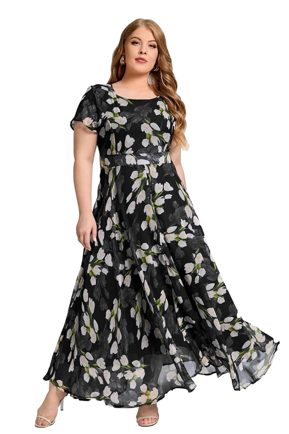 Shasmi Women's Black Georgette Digital Floral Printed Floral Printing Short Sleeve A-Line Maxi Gown Dress for Women (Gown Dress 248 Black 3XL)