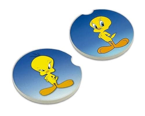 Elektroplate Officially Licensed Looney Tunes Tweety Bird Automotive Ceramic Coasters 26 Diameter Universal Fit for All Cars Trucks SUVs and More Absorbent NonSlip Durable Set of 2