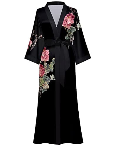 Kihnop Women's Floral Long Kimono Robe - Satin & Silk Ladies Bachelorette Robe, One Size