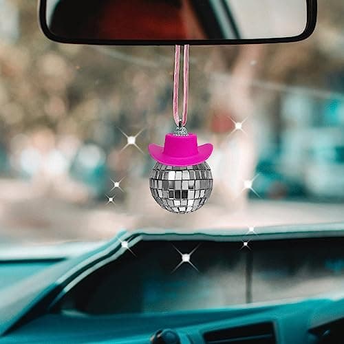 SPANSEE Pink Disco Ball Car Ornament Mirror Ornament Cowboy Hat Accessory Cute Disco Ball Charm Accessories