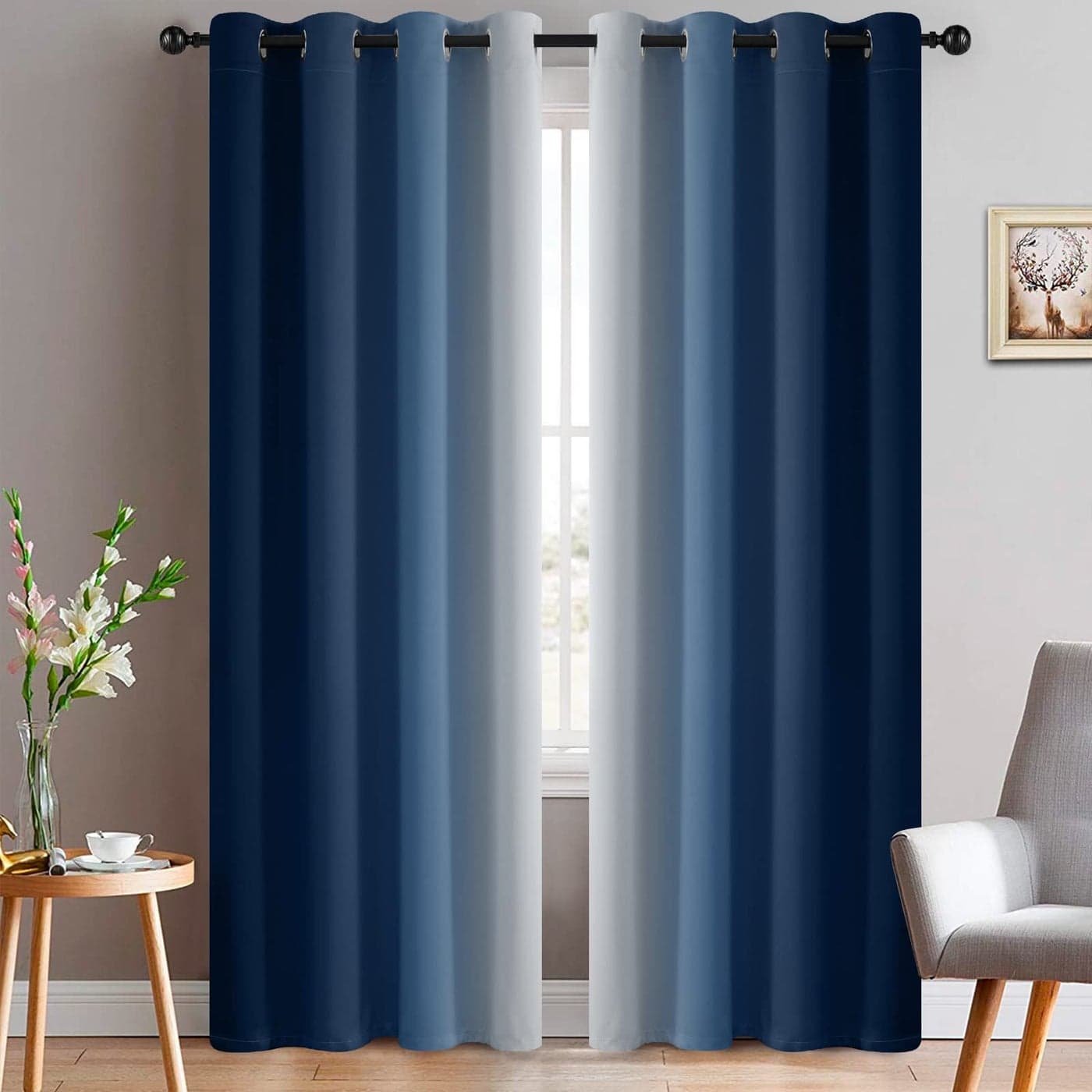 Yakamok 96 Inch Length Light Blocking Thermal Insulated Grommet Window Drapes Room Darkening Gradient Color Ombre Curtains for BedroomBlue and Greyish White 52x96 Inch Set of 2