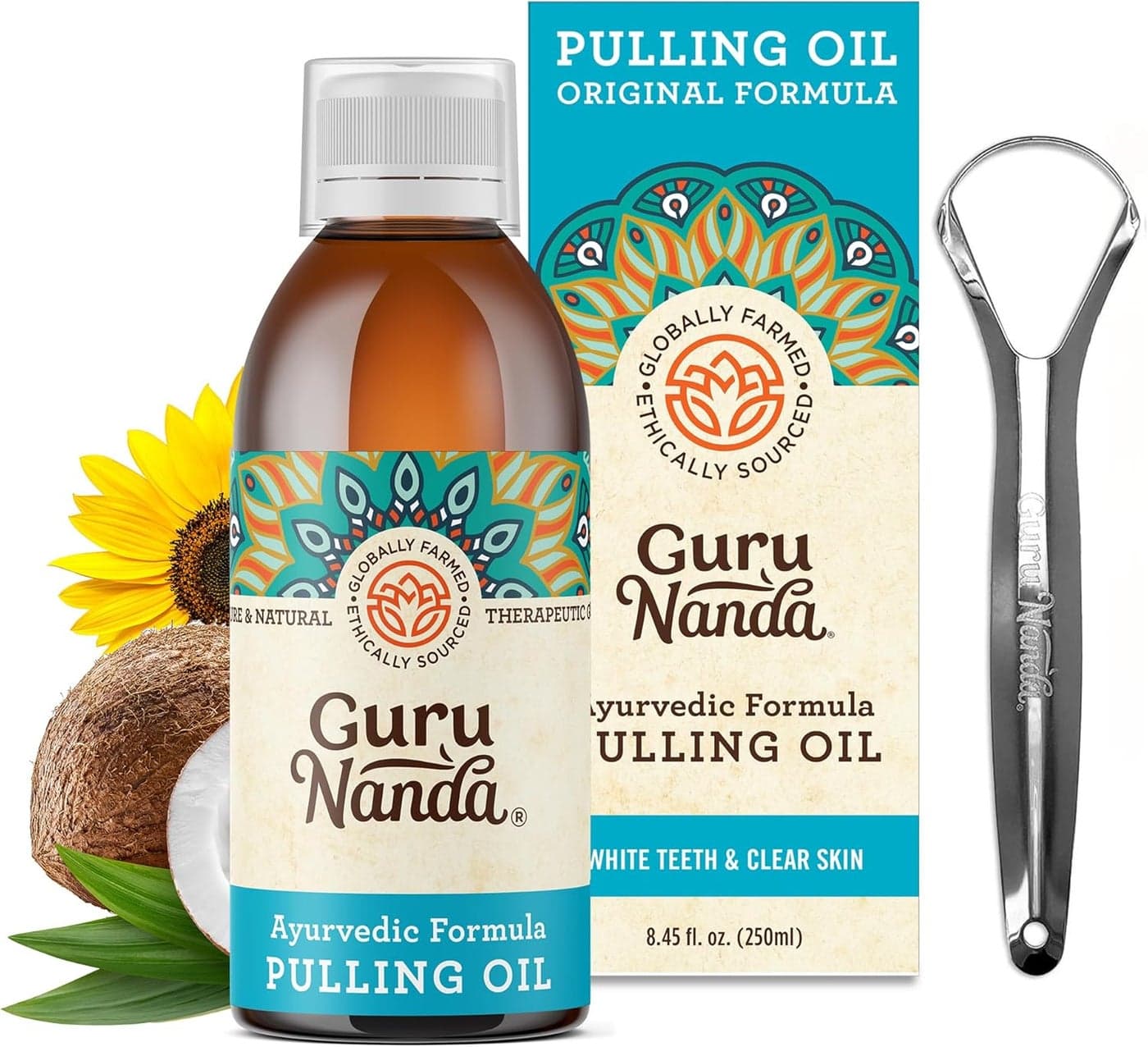 GuruNanda Original Oil Pulling with Tongue Scraper Alcohol Fluoriode Free Mouthwash for Teeth Gum Health Fresh Breath Unflavoured 250 ml