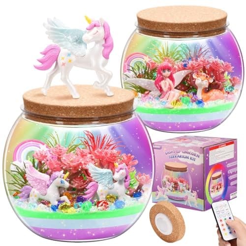 Kaivee 2 Theme in 1 Jar Light Up Unicorn Terrarium Kit Night Light Fairy Terrarium Kit Creativity DIY Aarts Crafts for Girls Toys Ages 4 5 6 7 8 Year Old Girl Birthday Gifts