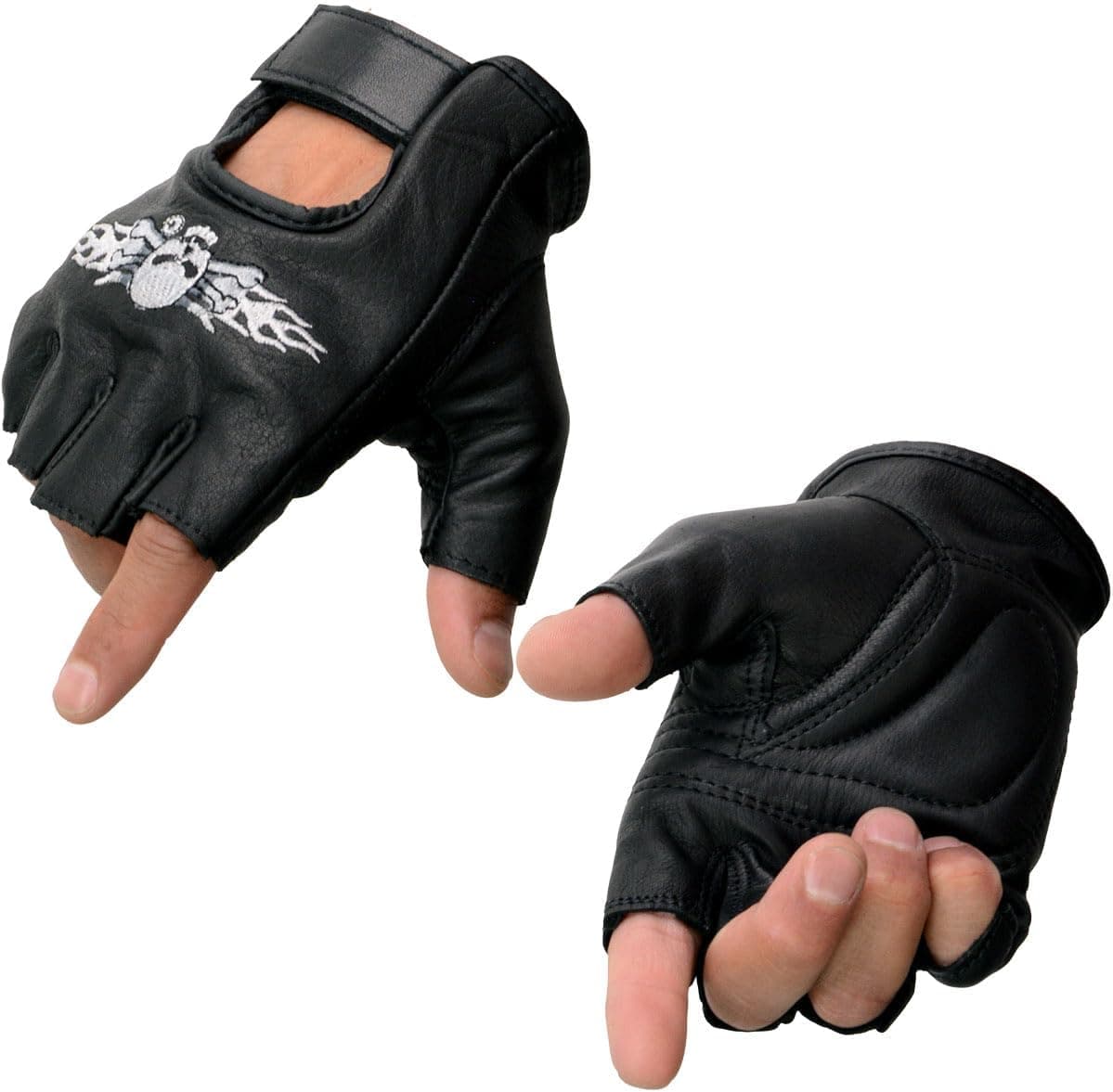 Milwaukee Leather Men's Black Leather Fingerless Gloves with Skull and Bones Embroidery