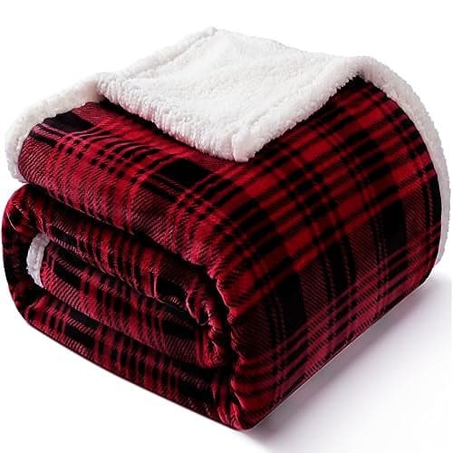 Touchat Sherpa Plaid Throw Blanket(60" X 70", Plaid Red), Fuzzy Fluffy Cozy Soft Blanket, Fleece Flannel Plush Twin Size Microfiber Blanket for Couch Bed Sofa