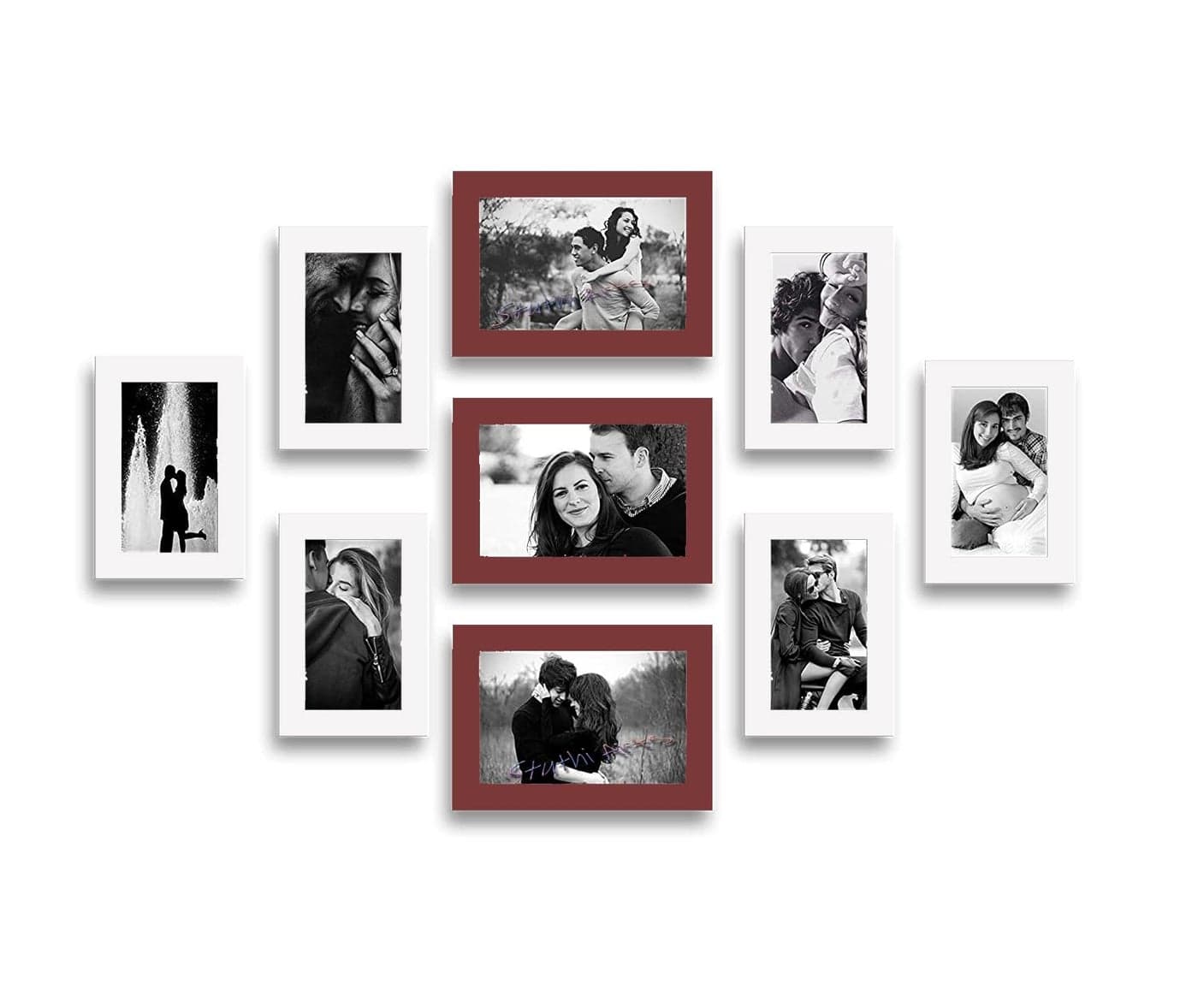 Stuthi Arts Wood MDF Photo Frame With Glass (9 Photos) Wall Mount, Rectangular, 5 x 7 inches (3 pieces), 4 x 6 inches(6 pieces) (Brown & White)