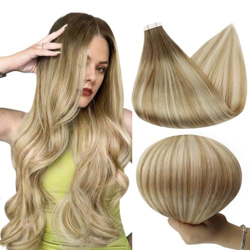 Full Shine Tape in Hair Extensions 16Inch Tape in Human Hair Extensions Brown 6 Fading to 27 And 60 Platinum Blonde Balayage Real Seamless Invisible Hair Eaxtensions Tape in 20Pcs 50G