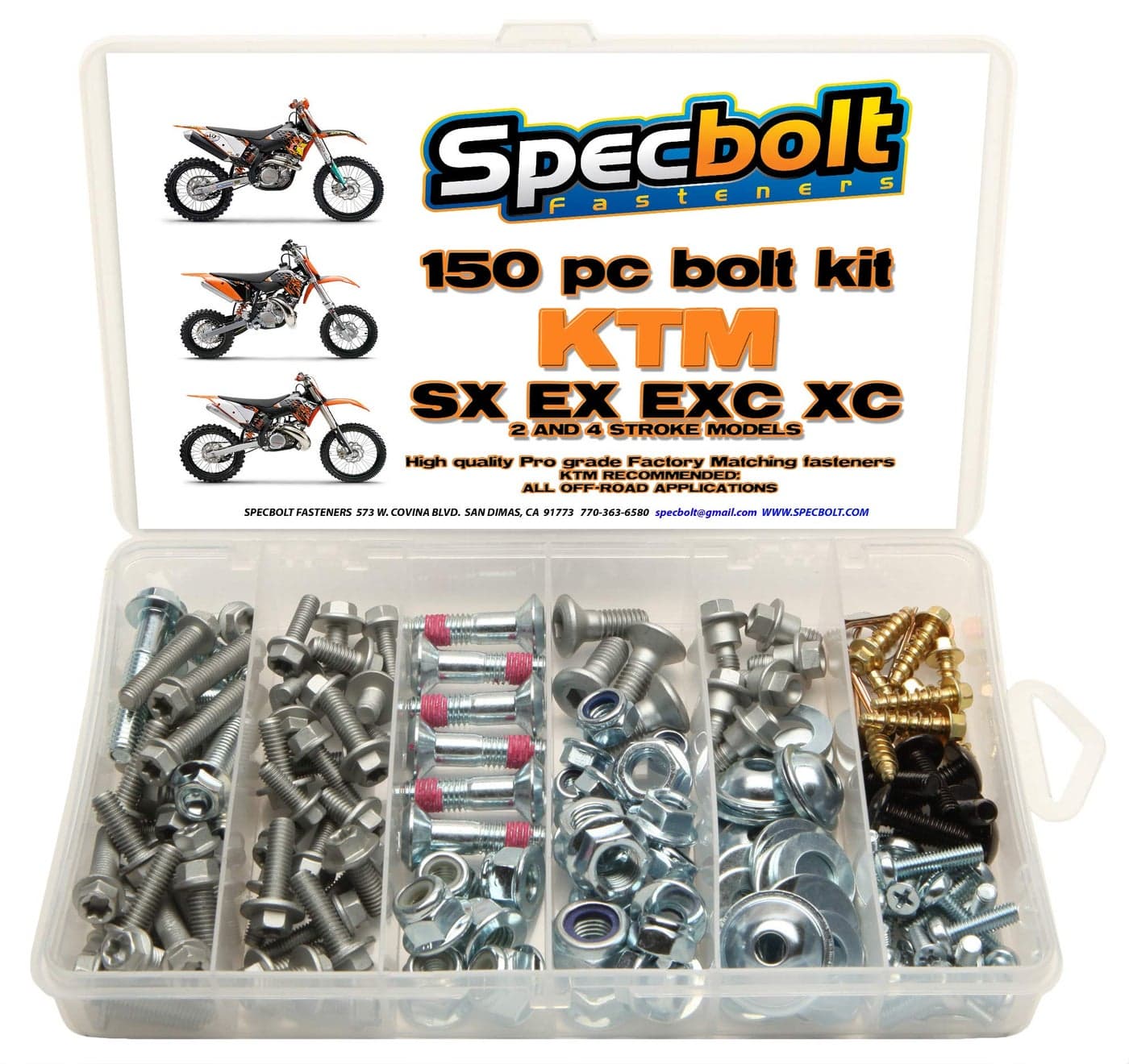 150pc Specbolt KTM SX EX EXC 2 or 4 Strokes Bolt Kit Maintenance MX Dirtbike OEM Spec Fastener 2 STROKES 50 60 65 85 105 125 250 300 360 380 550 AND 4 STROKES 250 350 400 450 500 520 525 530 620 640